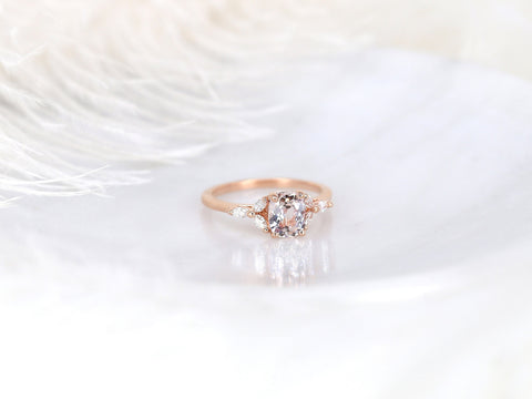 1.21ct Ready to Ship Geneva 14kt Rose Gold Champagne Peach Sapphire Diamond Cushion 3 Stone Ring - Rosados Box