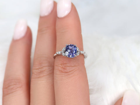 1.83ct Ready to Ship Geneva 14kt White Gold Lilac Purple Sapphire Diamond Cushion Three Stone Ring - Rosados Box