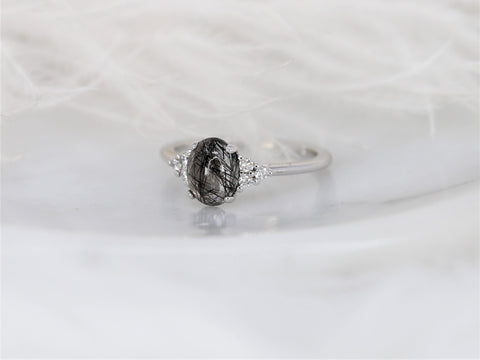 Juniper 8x6mm 14kt White Gold Tourmalinated Quartz Diamond Art Deco 3 Stone Oval Ring,Oval Cluster Ring,Quartz Ring,Gift For Her