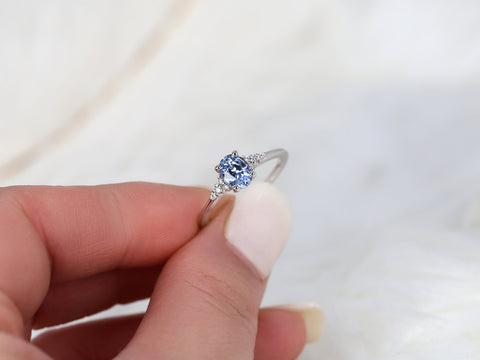 1.04ct Ready to Ship Maddy 14kt White Gold Cornflower Sapphire Diamond Oval Cluster 3 Stone Ring - Rosados Box