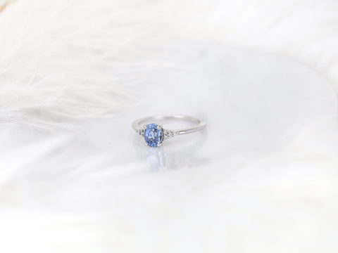 1.04ct Ready to Ship Maddy 14kt White Gold Cornflower Sapphire Diamond Oval Cluster 3 Stone Ring - Rosados Box