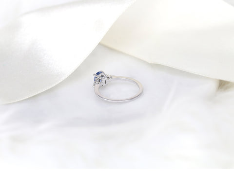 1.04ct Ready to Ship Maddy 14kt White Gold Cornflower Sapphire Diamond Oval Cluster 3 Stone Ring - Rosados Box