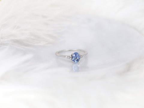 1.04ct Ready to Ship Maddy 14kt White Gold Cornflower Sapphire Diamond Oval Cluster 3 Stone Ring - Rosados Box