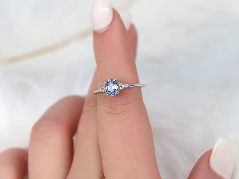 1.04ct Ready to Ship Maddy 14kt White Gold Cornflower Sapphire Diamond Oval Cluster 3 Stone Ring - Rosados Box