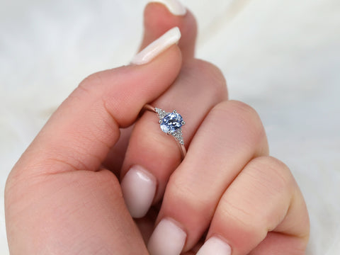 1.04ct Ready to Ship Maddy 14kt White Gold Cornflower Sapphire Diamond Oval Cluster 3 Stone Ring - Rosados Box
