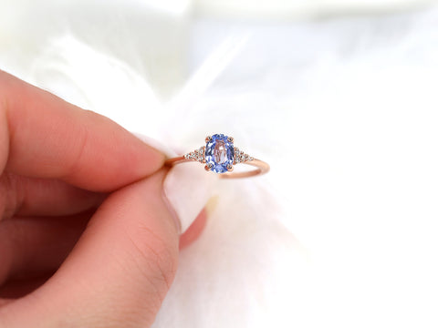 1.09ct Ready to Ship Maddy 14kt Rose Gold Cornflower Sapphire Diamond Oval Cluster 3 Stone Ring - Rosados Box