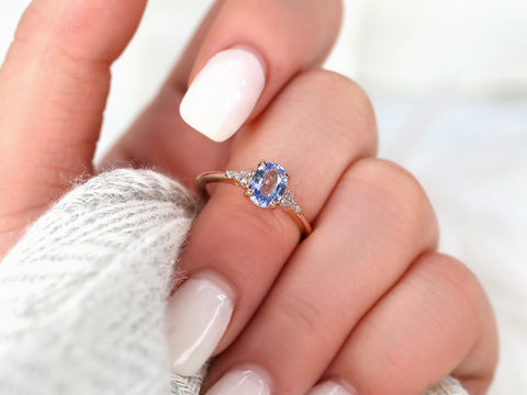 1.09ct Ready to Ship Maddy 14kt Rose Gold Cornflower Sapphire Diamond Oval Cluster 3 Stone Ring - Rosados Box