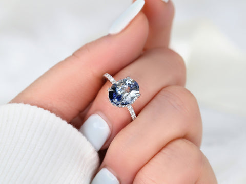 3.77ct Ready to Ship Low Viviana 14kt White Gold Tsunami Galaxy Blue Sapphire Oval Scarf Halo Ring - Rosados Box