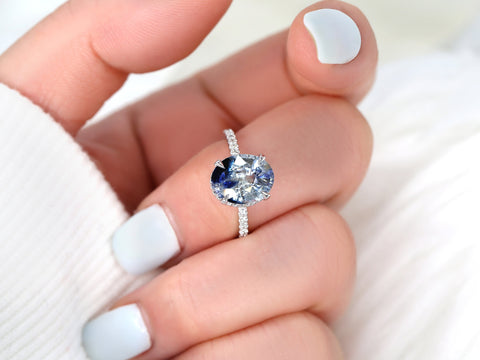 3.77ct Ready to Ship Low Viviana 14kt White Gold Tsunami Galaxy Blue Sapphire Oval Scarf Halo Ring - Rosados Box