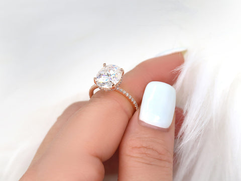 4.20ct EXTRA LOW Viviana 11x9mm 14kt Moissanite Diamond Oval Hidden Halo Ring - Rosados Box