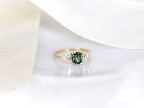 1.30ct Ready to Ship Geneva 14kt Gold Peacock Teal Sapphire Diamond Cushion Cluster Ring - Rosados Box