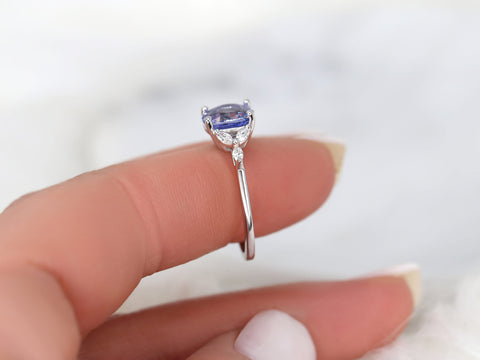 1.83ct Ready to Ship Geneva 14kt White Gold Lilac Purple Sapphire Diamond Cushion Three Stone Ring - Rosados Box