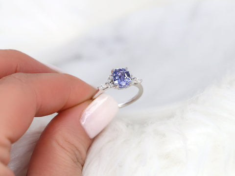 1.83ct Ready to Ship Geneva 14kt White Gold Lilac Purple Sapphire Diamond Cushion Three Stone Ring - Rosados Box