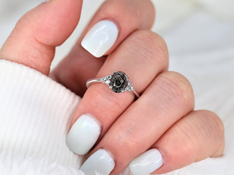 Juniper 8x6mm 14kt White Gold Tourmalinated Quartz Diamond Art Deco 3 Stone Oval Ring,Oval Cluster Ring,Quartz Ring,Gift For Her