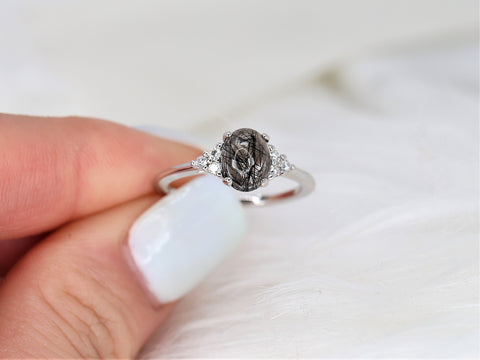 Juniper 8x6mm 14kt White Gold Tourmalinated Quartz Diamond Art Deco 3 Stone Oval Ring,Oval Cluster Ring,Quartz Ring,Gift For Her