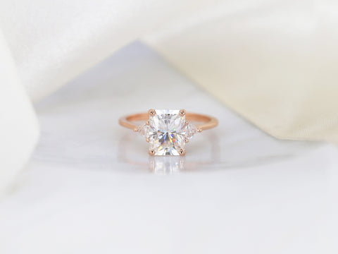 DIAMOND FREE 2.70ct Lydia 9x7mm 14kt Moissanite Trillion Radiant Three Stone Ring - Rosados Box