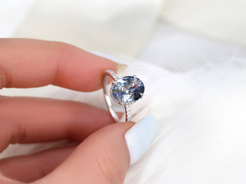 3.77ct Ready to Ship Low Viviana 14kt White Gold Tsunami Galaxy Blue Sapphire Oval Scarf Halo Ring - Rosados Box