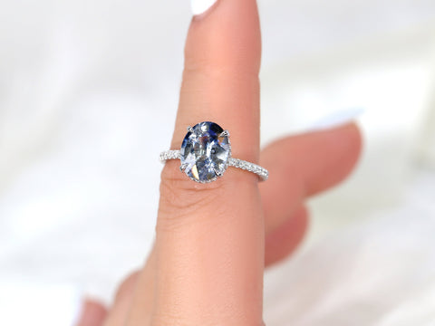 3.77ct Ready to Ship Low Viviana 14kt White Gold Tsunami Galaxy Blue Sapphire Oval Scarf Halo Ring - Rosados Box