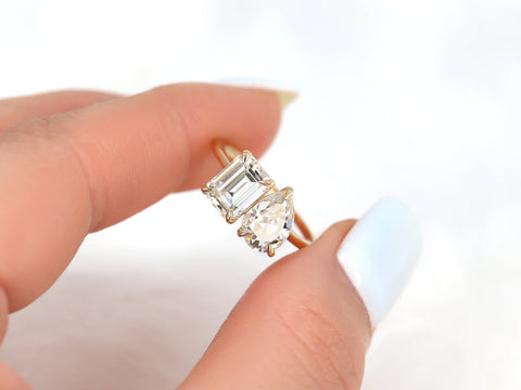 3.25cts Gemini 8x6mm + 9x6mm 14kt Gold Moissanite Toi Et Moi Two Stone Ring - Rosados Box