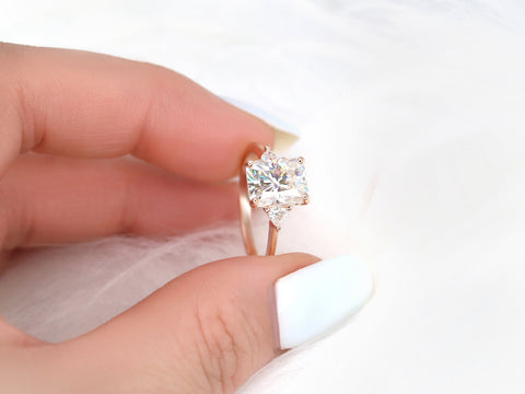 DIAMOND FREE 2.70ct Lydia 9x7mm 14kt Moissanite Trillion Radiant Three Stone Ring - Rosados Box
