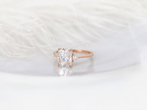 DIAMOND FREE 2.70ct Lydia 9x7mm 14kt Moissanite Trillion Radiant Three Stone Ring - Rosados Box