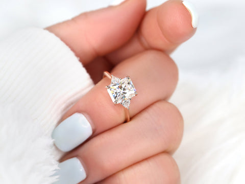 DIAMOND FREE 2.70ct Lydia 9x7mm 14kt Moissanite Trillion Radiant Three Stone Ring - Rosados Box