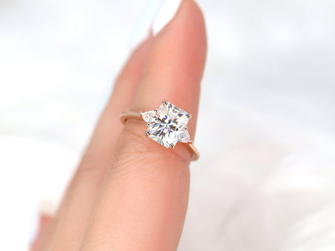 DIAMOND FREE 2.70ct Lydia 9x7mm 14kt Moissanite Trillion Radiant Three Stone Ring - Rosados Box