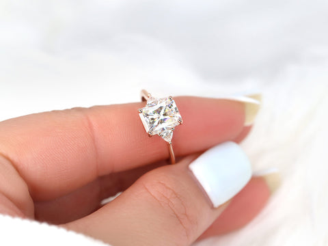 DIAMOND FREE 2.70ct Lydia 9x7mm 14kt Moissanite Trillion Radiant Three Stone Ring - Rosados Box