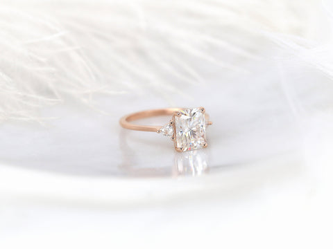 DIAMOND FREE 2.70ct Lydia 9x7mm 14kt Moissanite Trillion Radiant Three Stone Ring - Rosados Box