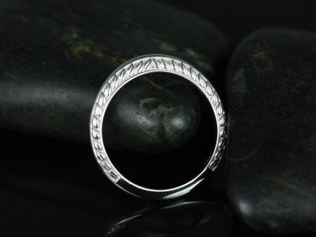 Ready to Ship Alexis 14kt White Gold Vintage Engraved Leaves Wide Knife Edge ALMOST Eternity Ring