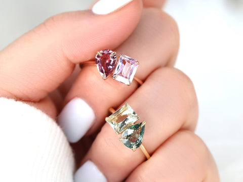 2.62cts Gemini 8x6mm + 9x6mm 14kt Gold Unique Sapphire Amethyst Toi Et Moi Ring - Rosados Box