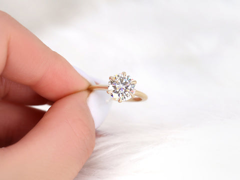 2.70cts Skinny Webster 9mm 14kt Gold Moissanite 6 Prong Dainty Round Solitaire Ring - Rosados Box