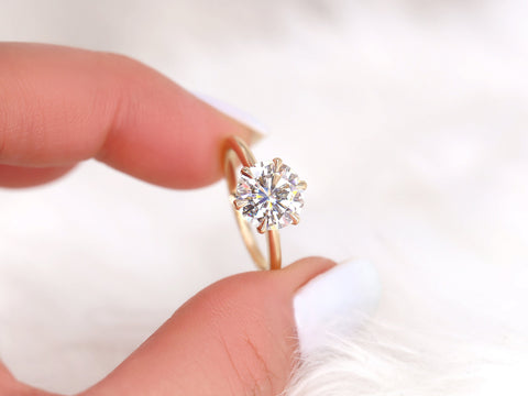 2.70cts Skinny Webster 9mm 14kt Gold Moissanite 6 Prong Dainty Round Solitaire Ring - Rosados Box