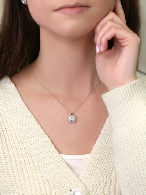 2ct Ready to Ship Rheine 14kt White Gold Moissanite Diamonds Cushion Halo Necklace - Rosados Box