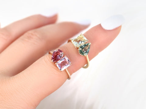 2.62cts Gemini 8x6mm + 9x6mm 14kt Gold Unique Sapphire Amethyst Toi Et Moi Ring - Rosados Box