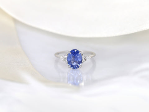 2.49ct Ready to Ship Petite Thea 14kt White Gold Cornflower Blue Sapphire Diamond Three Stone Oval Ring - Rosados Box