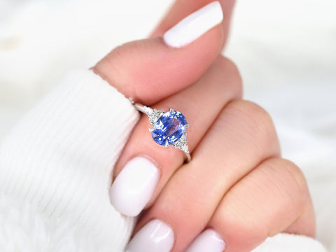 2.49ct Ready to Ship Petite Thea 14kt White Gold Cornflower Blue Sapphire Diamond Three Stone Oval Ring - Rosados Box