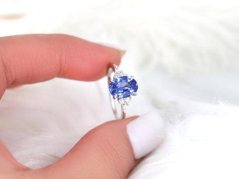 2.49ct Ready to Ship Petite Thea 14kt White Gold Cornflower Blue Sapphire Diamond Three Stone Oval Ring - Rosados Box