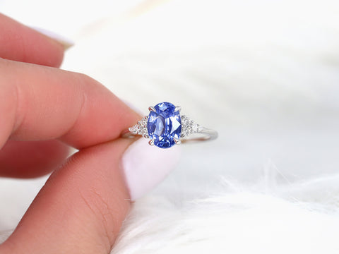 2.49ct Ready to Ship Petite Thea 14kt White Gold Cornflower Blue Sapphire Diamond Three Stone Oval Ring - Rosados Box