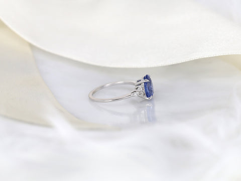 2.49ct Ready to Ship Petite Thea 14kt White Gold Cornflower Blue Sapphire Diamond Three Stone Oval Ring - Rosados Box