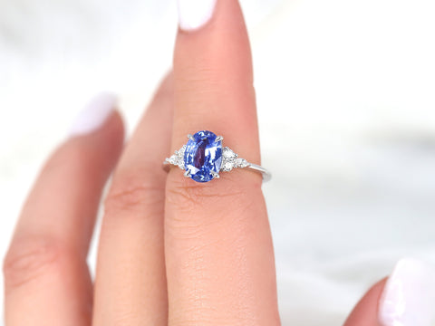 2.49ct Ready to Ship Petite Thea 14kt White Gold Cornflower Blue Sapphire Diamond Three Stone Oval Ring - Rosados Box