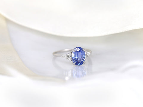 2.49ct Ready to Ship Petite Thea 14kt White Gold Cornflower Blue Sapphire Diamond Three Stone Oval Ring - Rosados Box