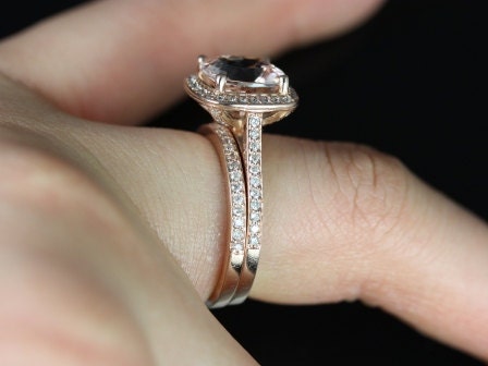 Ready to Ship Hollie 9mm 14kt Rose Gold Cushion Morganite Diamond Pave Halo Bridal Set - Rosados Box