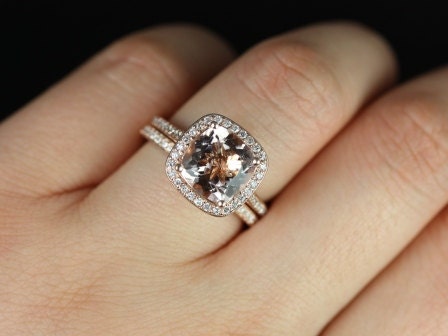 Ready to Ship Hollie 9mm 14kt Rose Gold Cushion Morganite Diamond Pave Halo Bridal Set - Rosados Box