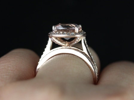 Ready to Ship Hollie 9mm 14kt Rose Gold Cushion Morganite Diamond Pave Halo Bridal Set - Rosados Box