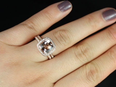 Ready to Ship Hollie 9mm 14kt Rose Gold Cushion Morganite Diamond Pave Halo Bridal Set - Rosados Box