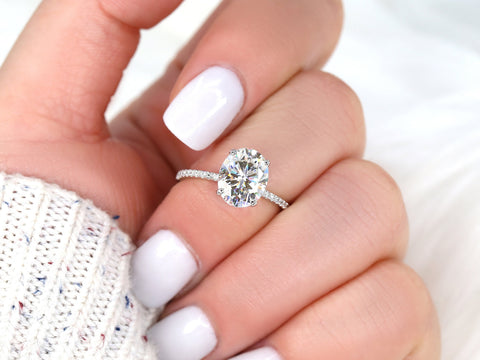3ct Darcy 10x8mm 14kt Gold Moissanite Diamond Ultra Dainty Pave Oval Solitaire Ring