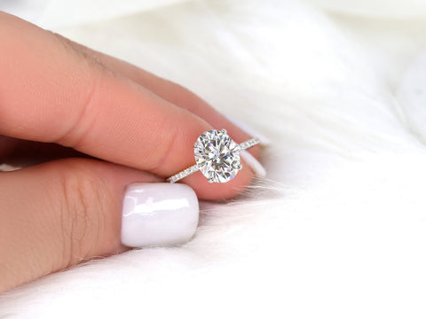 3ct Darcy 10x8mm 14kt Gold Moissanite Diamond Ultra Dainty Pave Oval Solitaire Ring