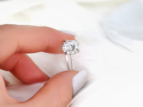 3ct Darcy 10x8mm 14kt Gold Moissanite Diamond Ultra Dainty Pave Oval Solitaire Ring