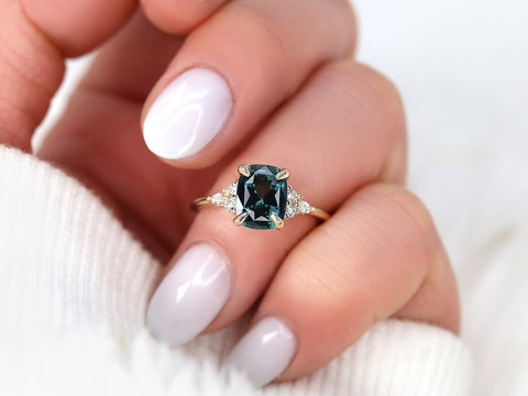2.68ct Ready to Ship Petite Tinsley 14kt Gold Peacock Teal Sapphire Diamond 3 Stone Cushion Engagement Ring - Rosados Box